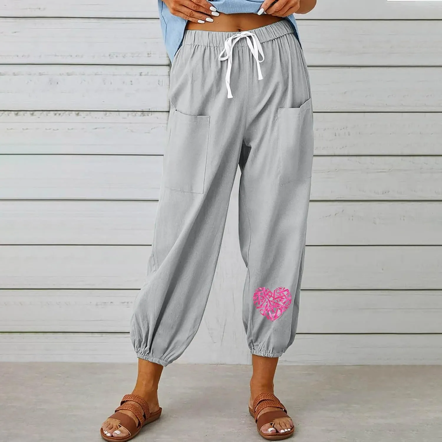 Breast Cancer Awareness Cropped Pants for Women, Summer Casual Cotton Linen Sweatpants Drawstring Tie Trousers with Pockets