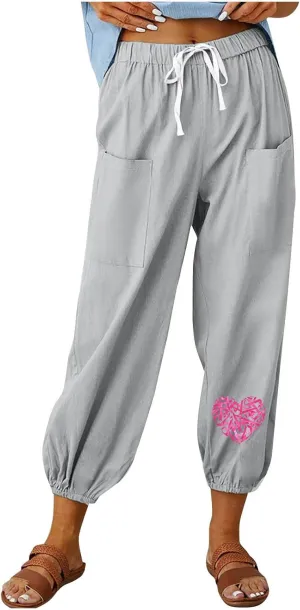 Breast Cancer Awareness Cropped Pants for Women, Summer Casual Cotton Linen Sweatpants Drawstring Tie Trousers with Pockets