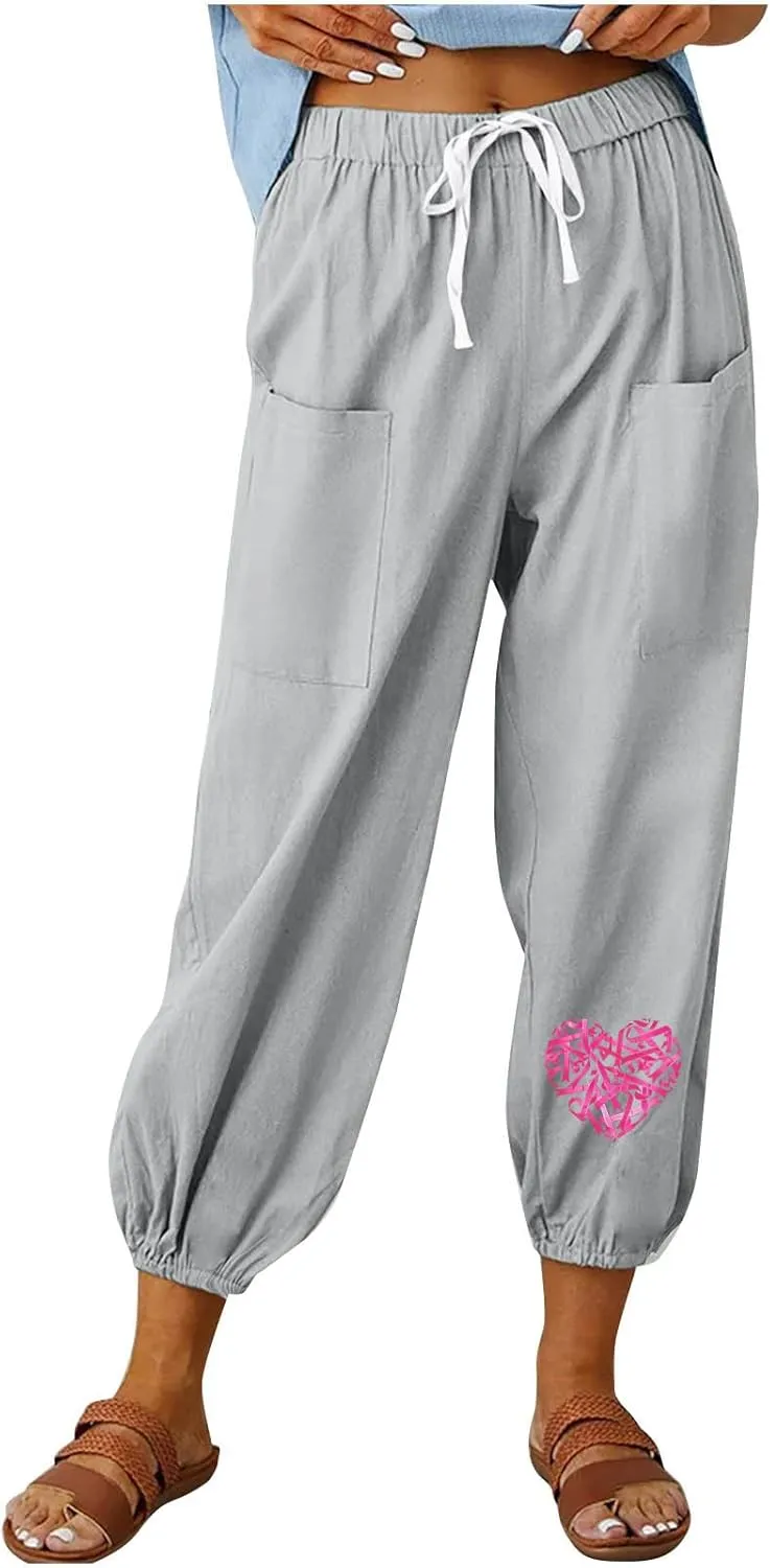 Breast Cancer Awareness Cropped Pants for Women, Summer Casual Cotton Linen Sweatpants Drawstring Tie Trousers with Pockets