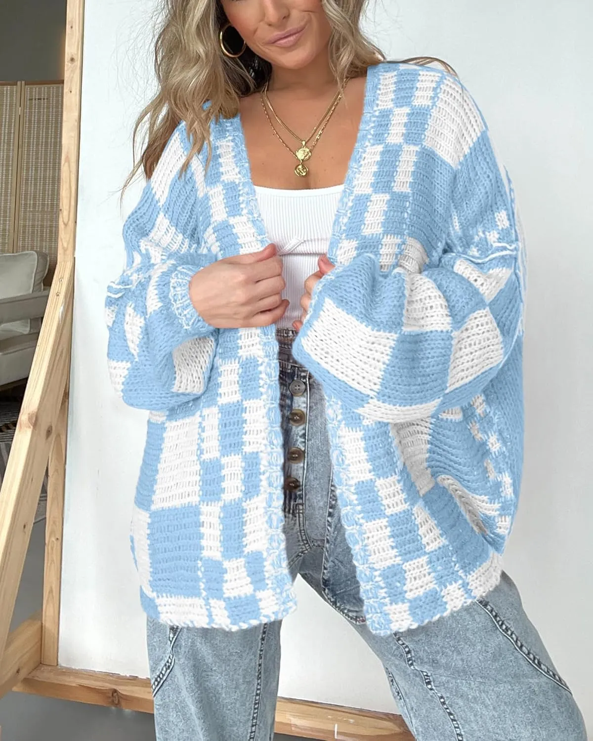 BTFBM Casual Womens Open Front Long Sleeve Chunky Knit Cardigan Sweater Checkered Knit Cardigan Sweaters Coat