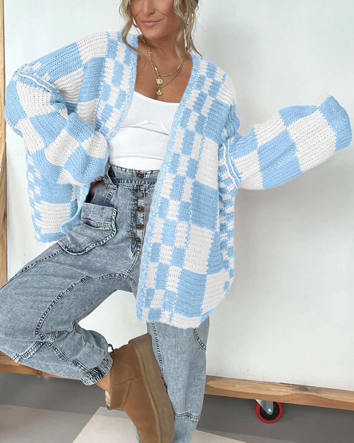 BTFBM Casual Womens Open Front Long Sleeve Chunky Knit Cardigan Sweater Checkered Knit Cardigan Sweaters Coat