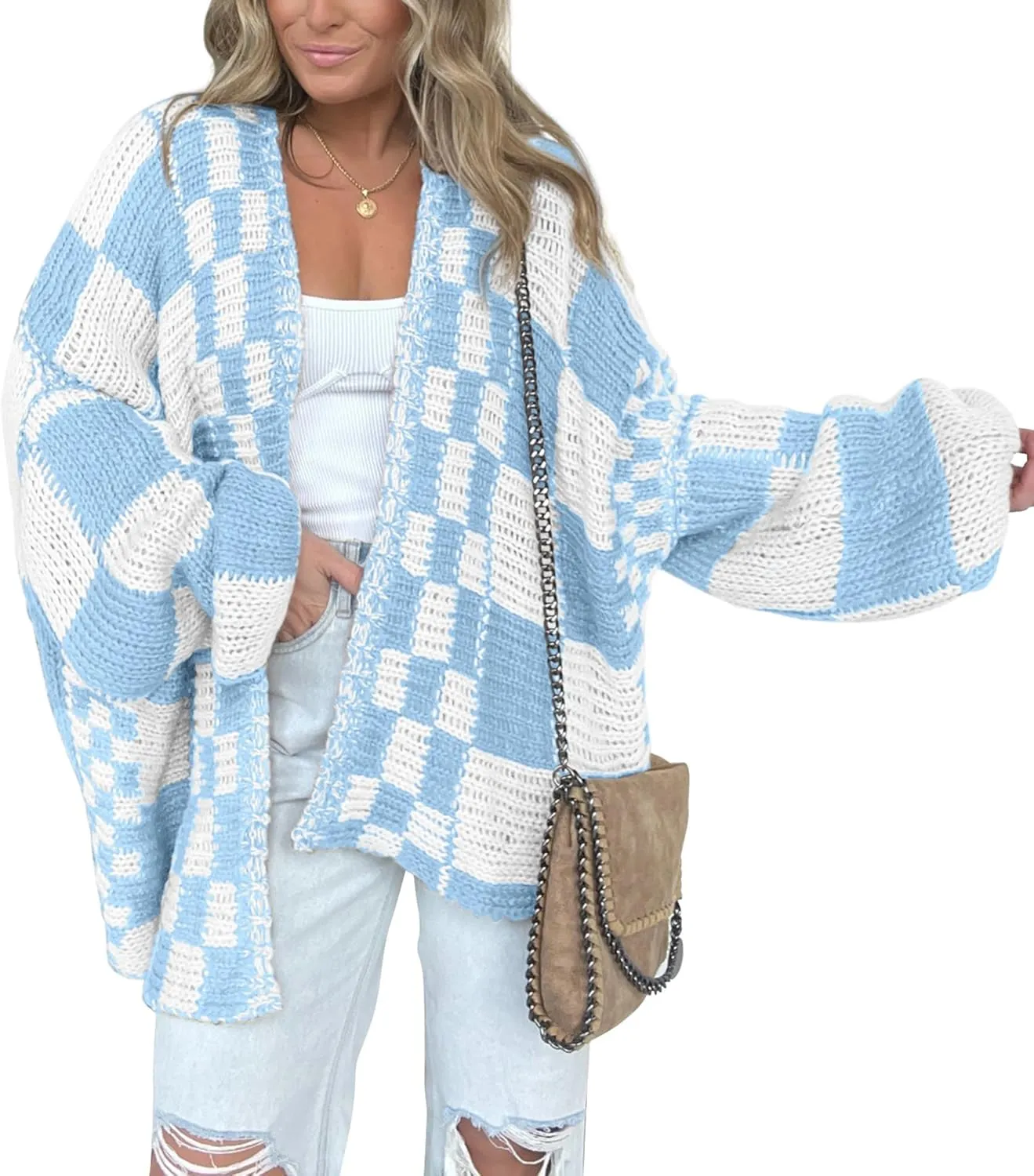 BTFBM Casual Womens Open Front Long Sleeve Chunky Knit Cardigan Sweater Checkered Knit Cardigan Sweaters Coat