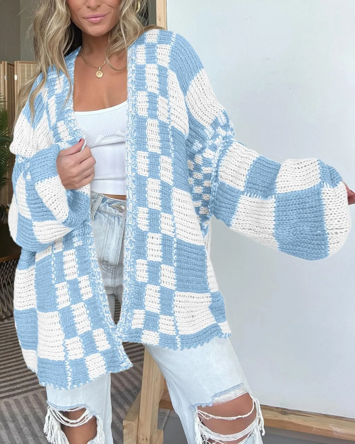 BTFBM Casual Womens Open Front Long Sleeve Chunky Knit Cardigan Sweater Checkered Knit Cardigan Sweaters Coat