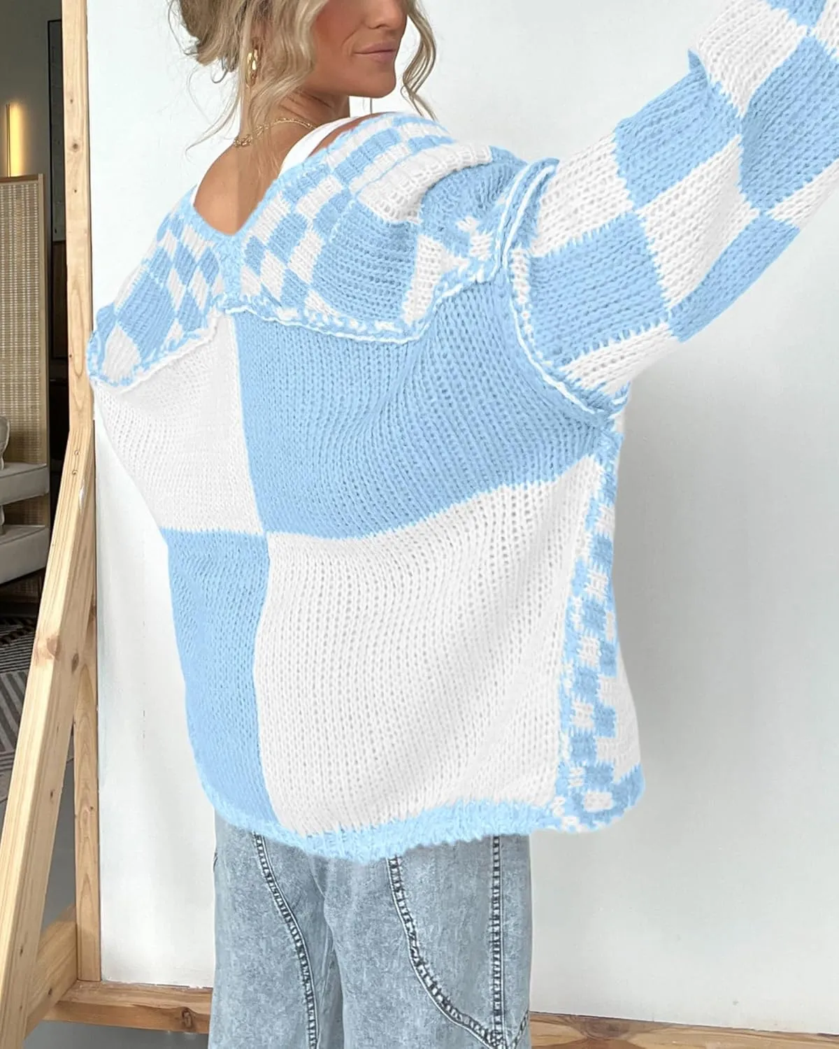 BTFBM Casual Womens Open Front Long Sleeve Chunky Knit Cardigan Sweater Checkered Knit Cardigan Sweaters Coat