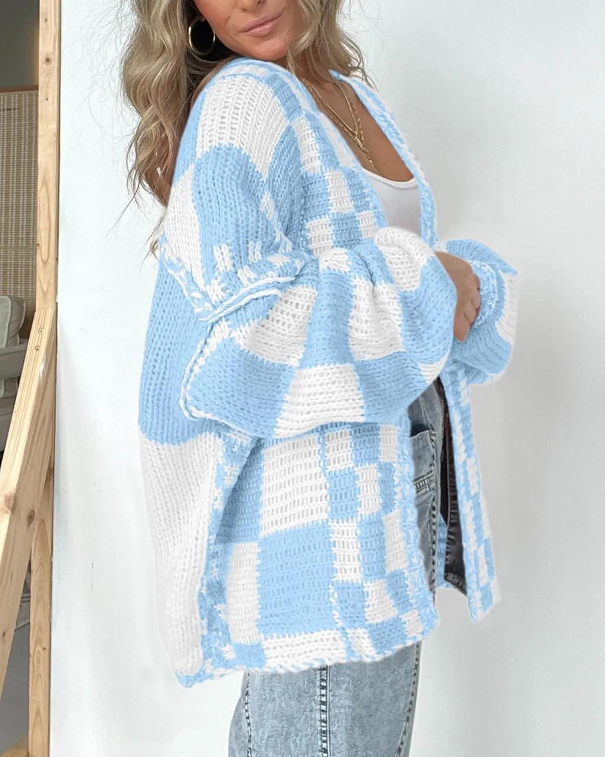 BTFBM Casual Womens Open Front Long Sleeve Chunky Knit Cardigan Sweater Checkered Knit Cardigan Sweaters Coat