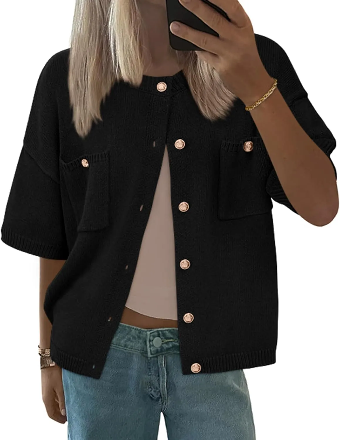BTFBM Short Sleeve Cardigans for Women Button Up Sweaters Y2k Spring Summer 2025 Crew Neck Business Casual Work Clothes