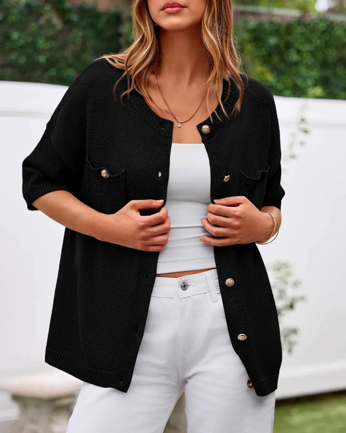BTFBM Short Sleeve Cardigans for Women Button Up Sweaters Y2k Spring Summer 2025 Crew Neck Business Casual Work Clothes