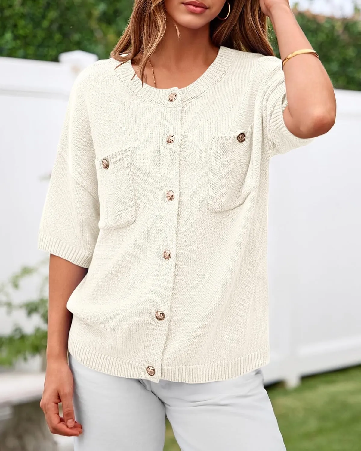 BTFBM Short Sleeve Cardigans for Women Button Up Sweaters Y2k Spring Summer 2025 Crew Neck Business Casual Work Clothes