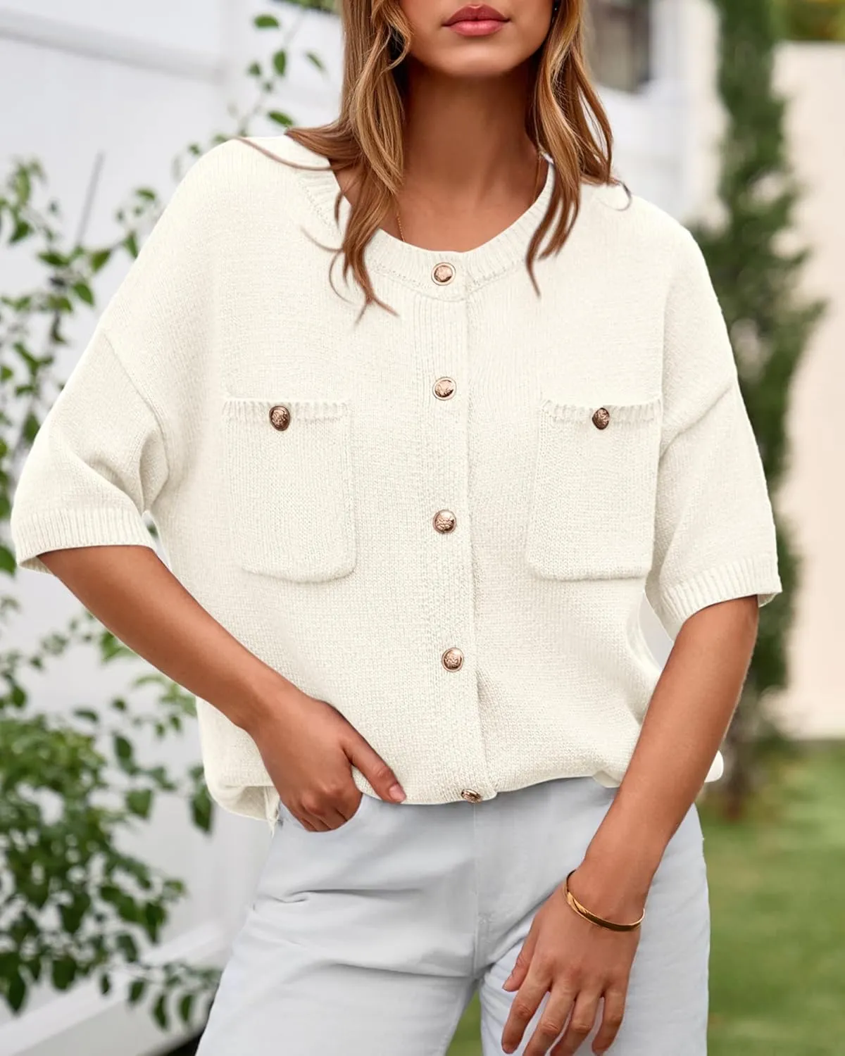 BTFBM Short Sleeve Cardigans for Women Button Up Sweaters Y2k Spring Summer 2025 Crew Neck Business Casual Work Clothes