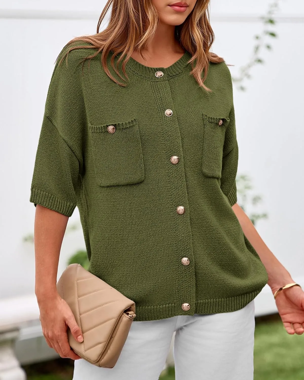 BTFBM Short Sleeve Cardigans for Women Button Up Sweaters Y2k Spring Summer 2025 Crew Neck Business Casual Work Clothes