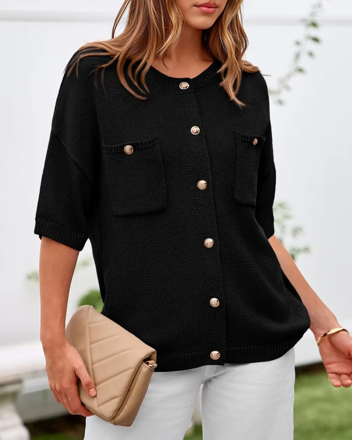 BTFBM Short Sleeve Cardigans for Women Button Up Sweaters Y2k Spring Summer 2025 Crew Neck Business Casual Work Clothes