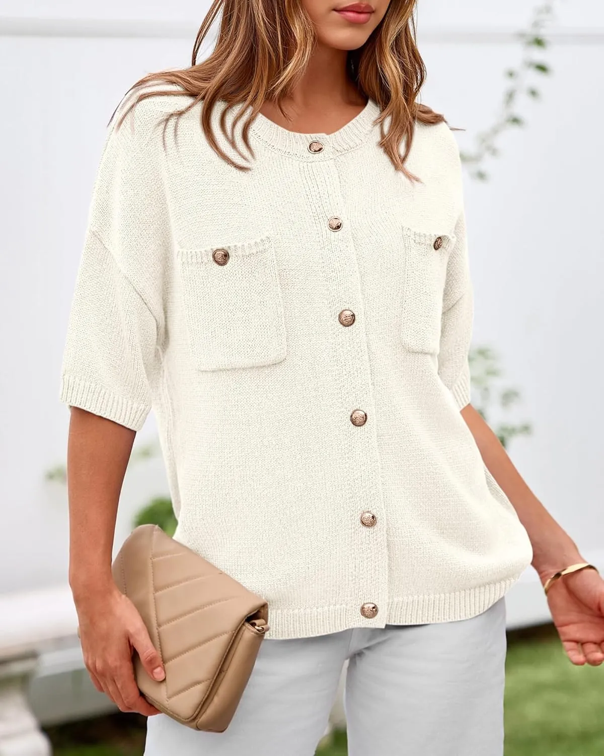 BTFBM Short Sleeve Cardigans for Women Button Up Sweaters Y2k Spring Summer 2025 Crew Neck Business Casual Work Clothes