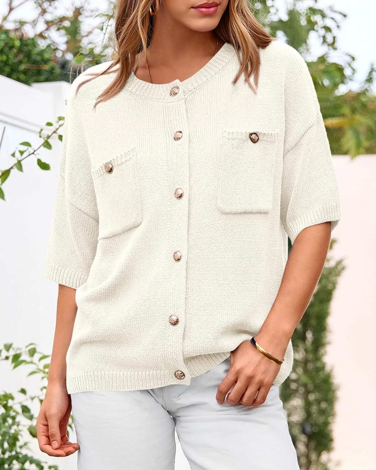 BTFBM Short Sleeve Cardigans for Women Button Up Sweaters Y2k Spring Summer 2025 Crew Neck Business Casual Work Clothes
