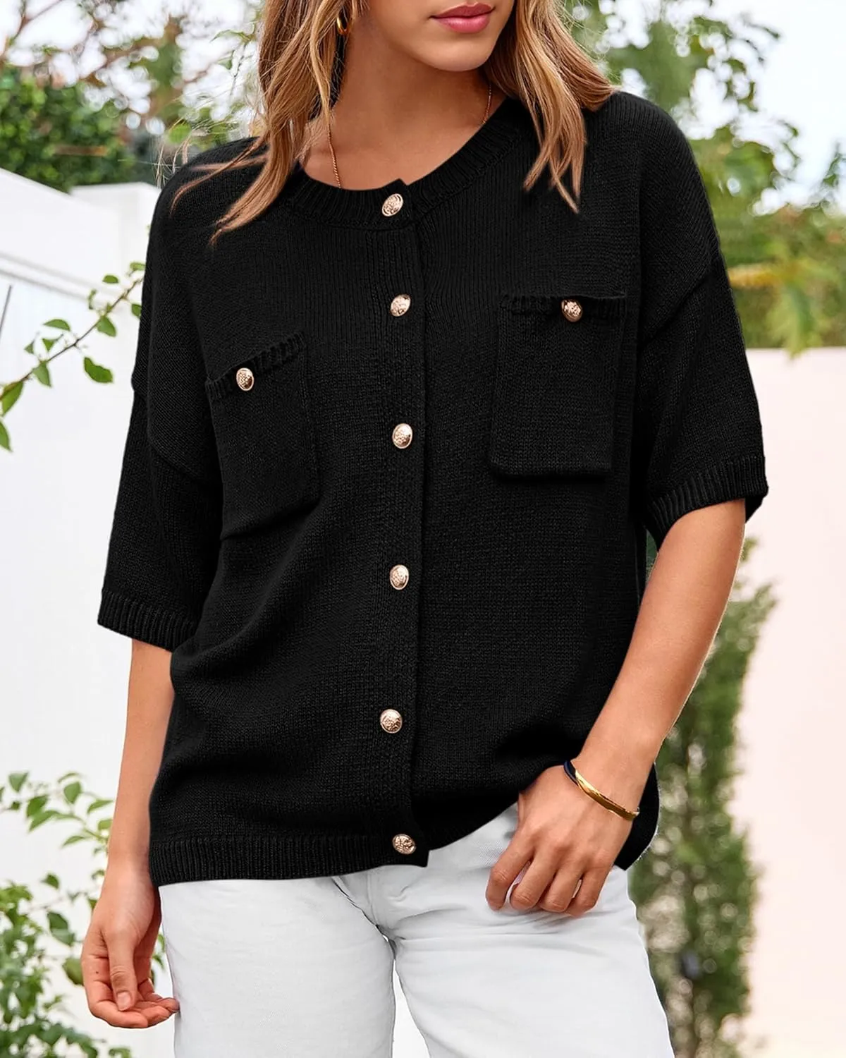 BTFBM Short Sleeve Cardigans for Women Button Up Sweaters Y2k Spring Summer 2025 Crew Neck Business Casual Work Clothes