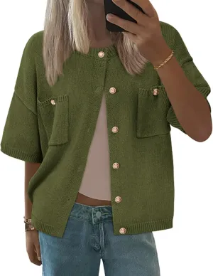 BTFBM Short Sleeve Cardigans for Women Button Up Sweaters Y2k Spring Summer 2025 Crew Neck Business Casual Work Clothes