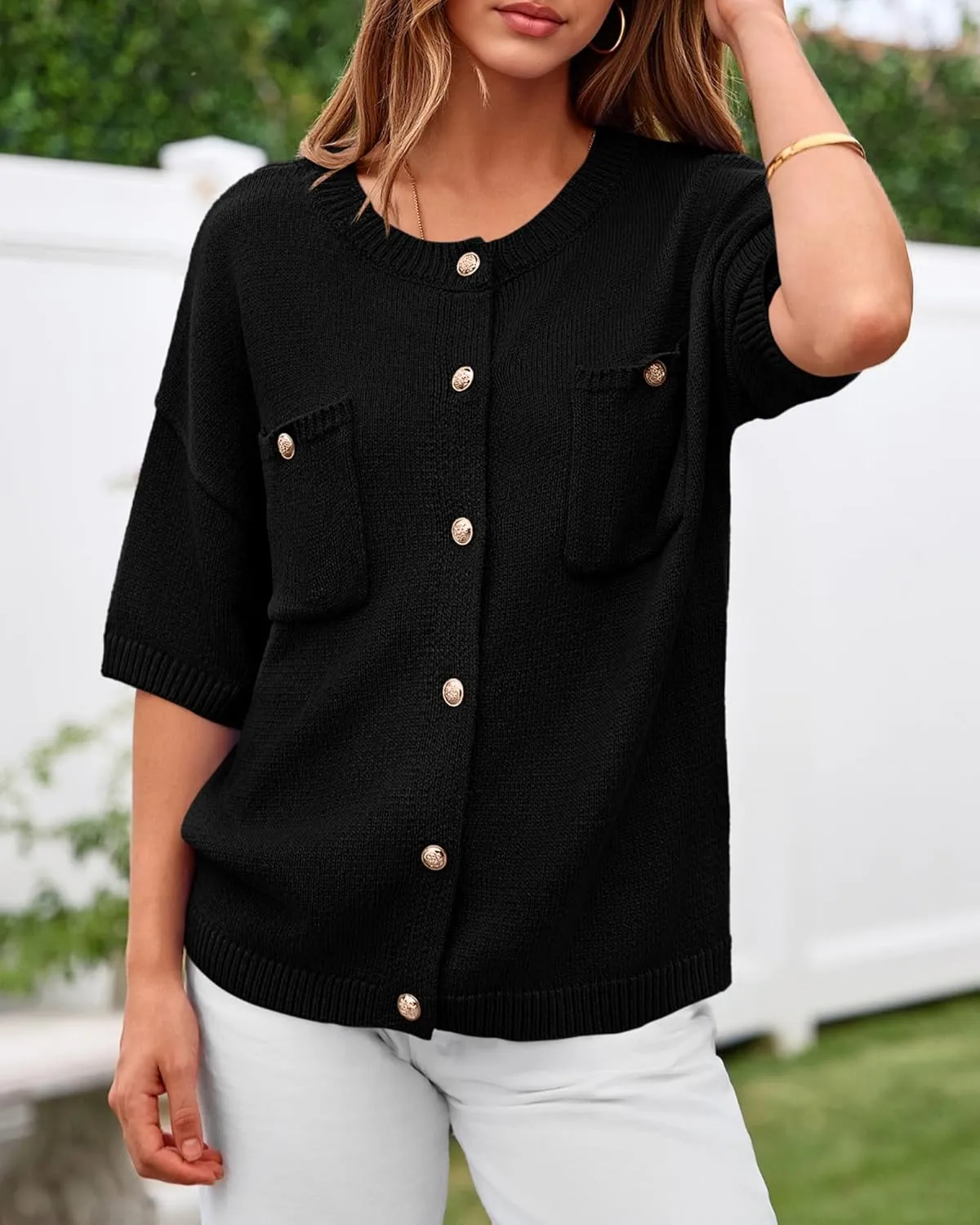BTFBM Short Sleeve Cardigans for Women Button Up Sweaters Y2k Spring Summer 2025 Crew Neck Business Casual Work Clothes