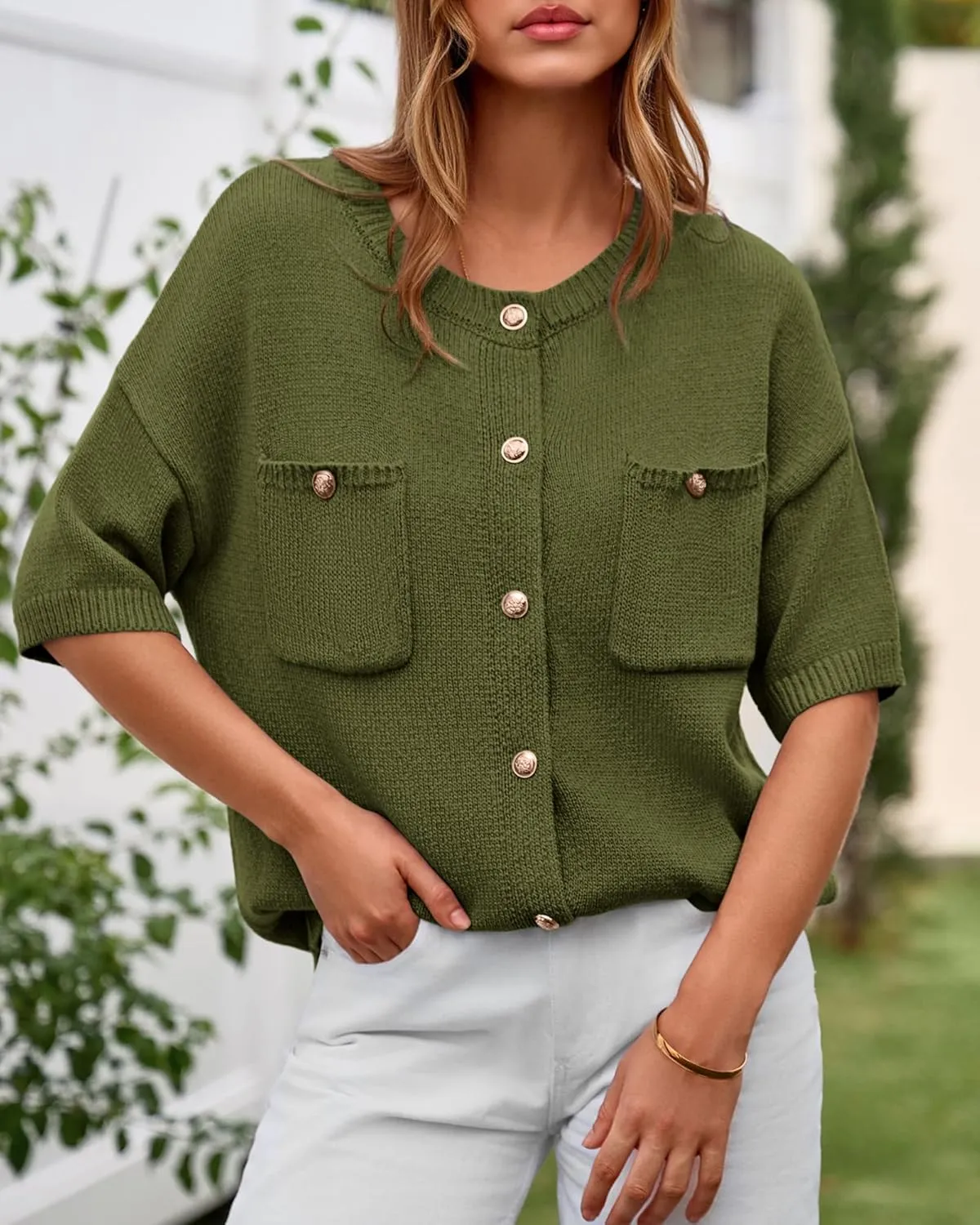 BTFBM Short Sleeve Cardigans for Women Button Up Sweaters Y2k Spring Summer 2025 Crew Neck Business Casual Work Clothes