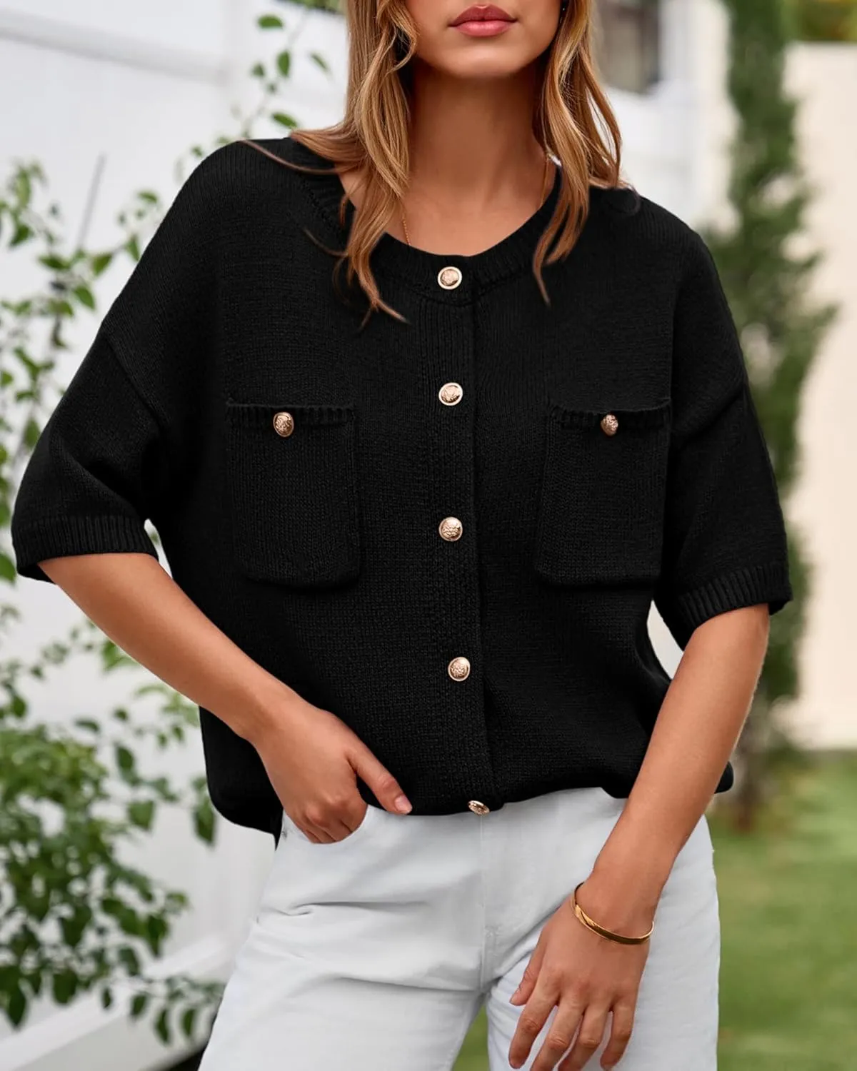BTFBM Short Sleeve Cardigans for Women Button Up Sweaters Y2k Spring Summer 2025 Crew Neck Business Casual Work Clothes