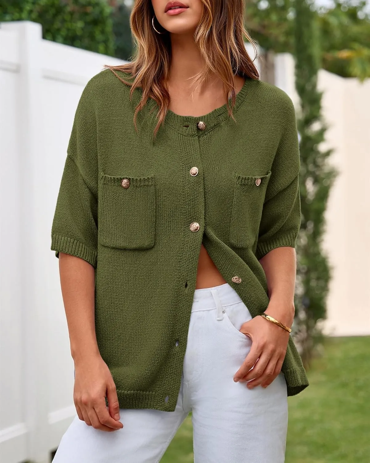 BTFBM Short Sleeve Cardigans for Women Button Up Sweaters Y2k Spring Summer 2025 Crew Neck Business Casual Work Clothes