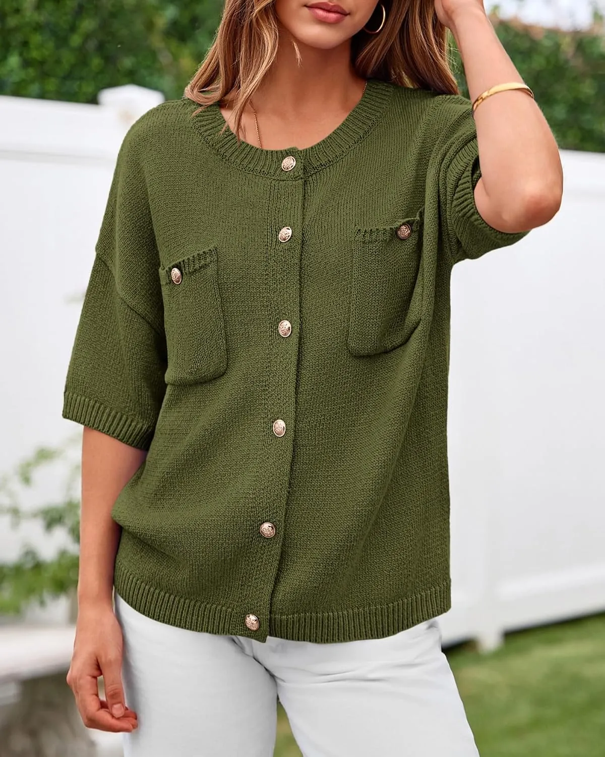 BTFBM Short Sleeve Cardigans for Women Button Up Sweaters Y2k Spring Summer 2025 Crew Neck Business Casual Work Clothes