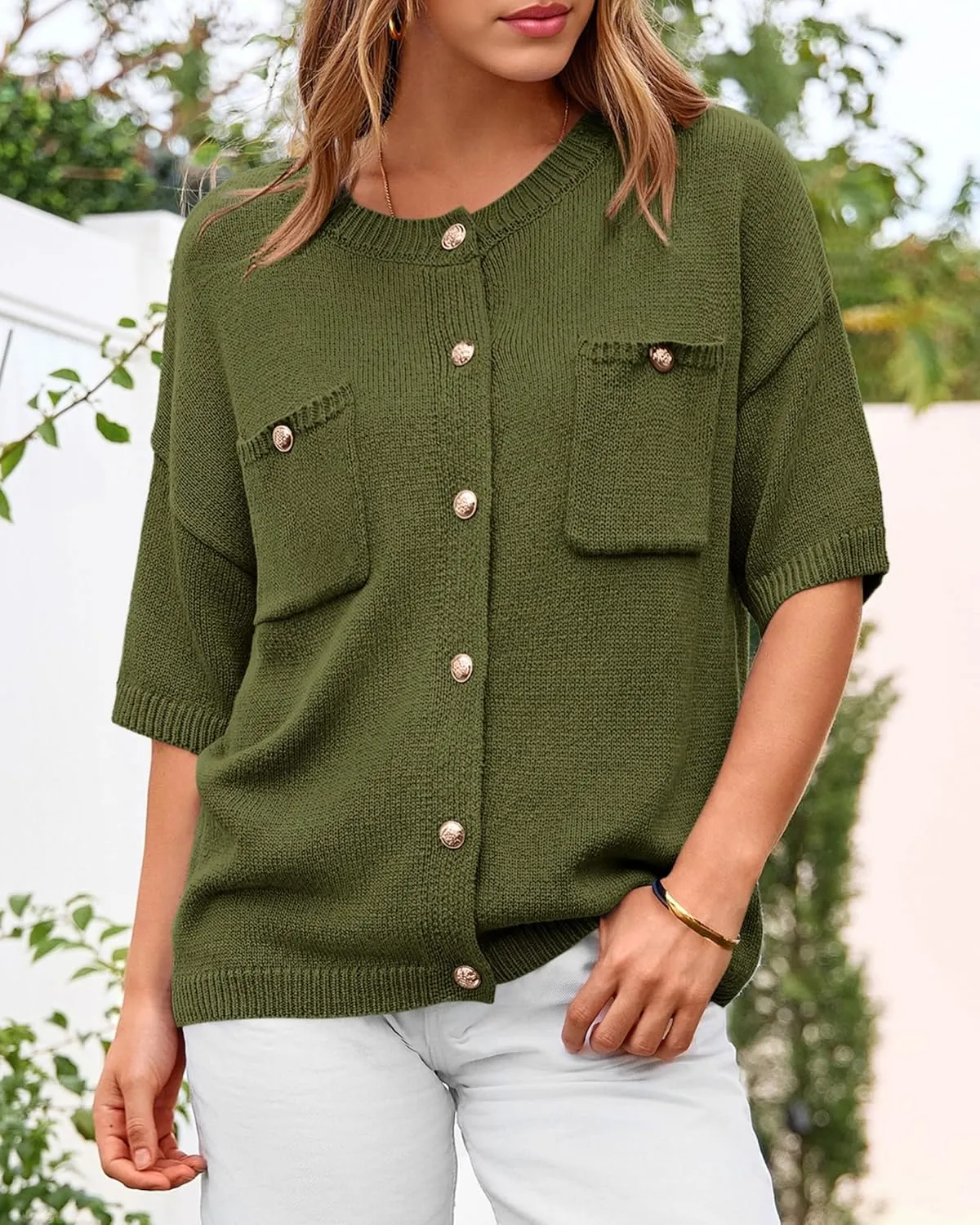 BTFBM Short Sleeve Cardigans for Women Button Up Sweaters Y2k Spring Summer 2025 Crew Neck Business Casual Work Clothes