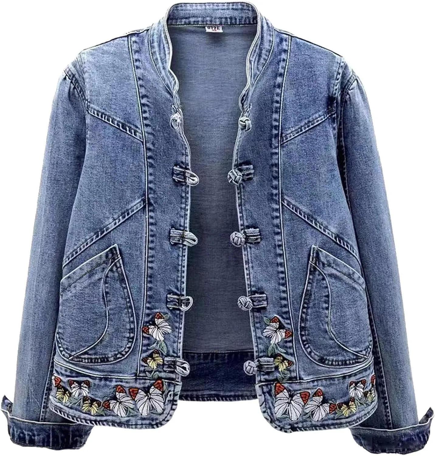 Butterfly Embroidery Denim Jacket for Women Long Sleeve Botton Up Coat with Pocket Fall Outerwear Shacket Casual Turn Down