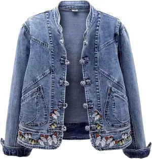 Butterfly Embroidery Denim Jacket for Women Long Sleeve Botton Up Coat with Pocket Fall Outerwear Shacket Casual Turn Down
