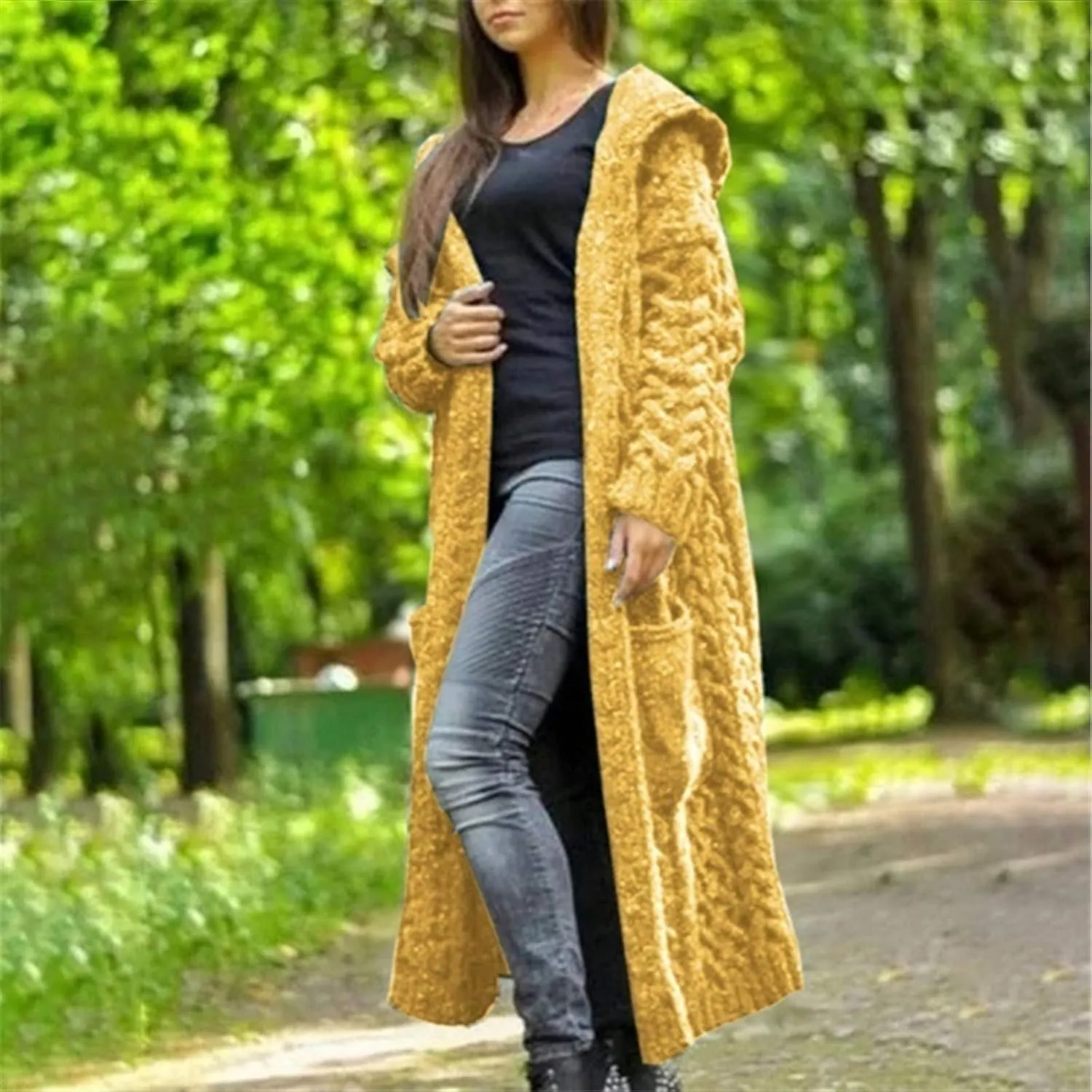 Cable Knit Long Sleeve Hooded Cardigan Sweaters for Women Chunky Open Front Fall Winter Oversized Casual Loose Outwear