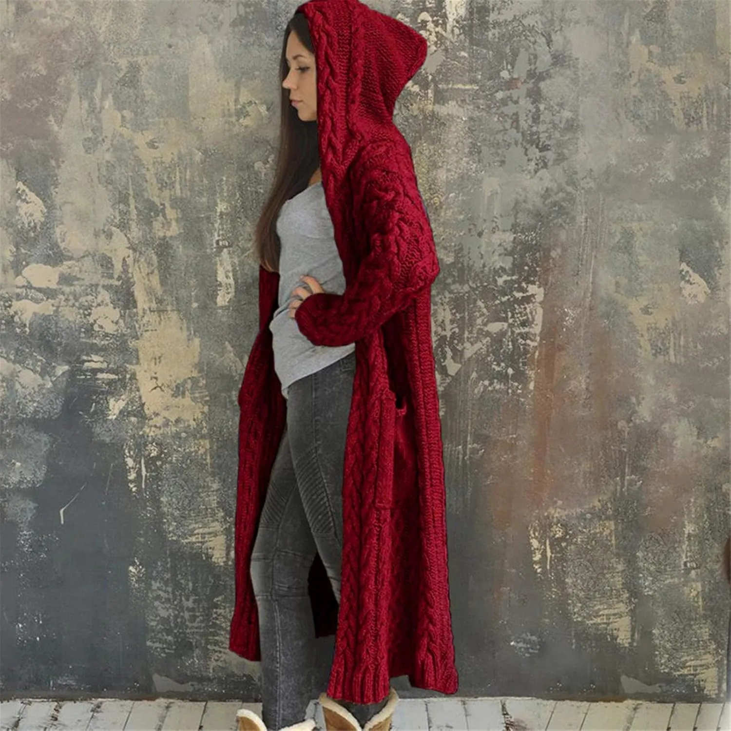 Cable Knit Long Sleeve Hooded Cardigan Sweaters for Women Chunky Open Front Fall Winter Oversized Casual Loose Outwear