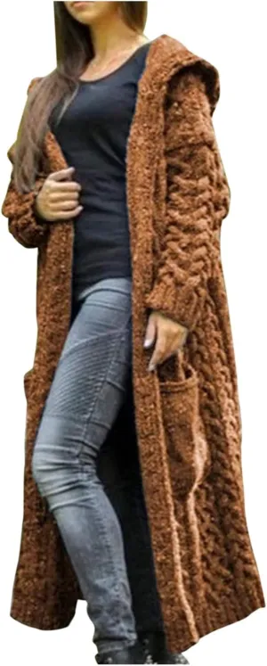Cable Knit Long Sleeve Hooded Cardigan Sweaters for Women Chunky Open Front Fall Winter Oversized Casual Loose Outwear