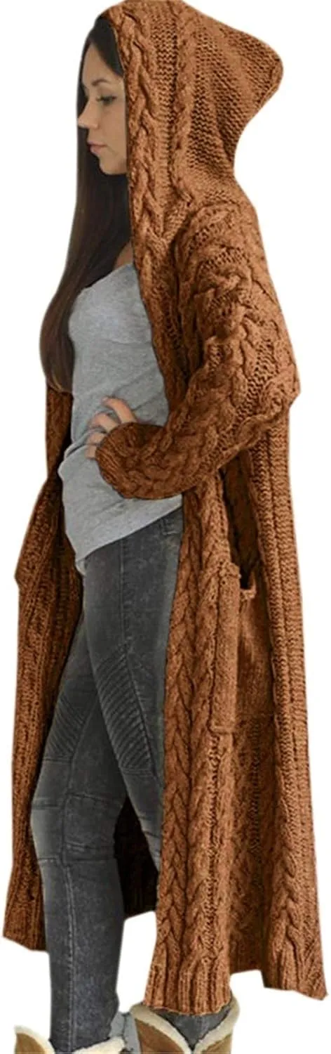 Cable Knit Long Sleeve Hooded Cardigan Sweaters for Women Chunky Open Front Fall Winter Oversized Casual Loose Outwear