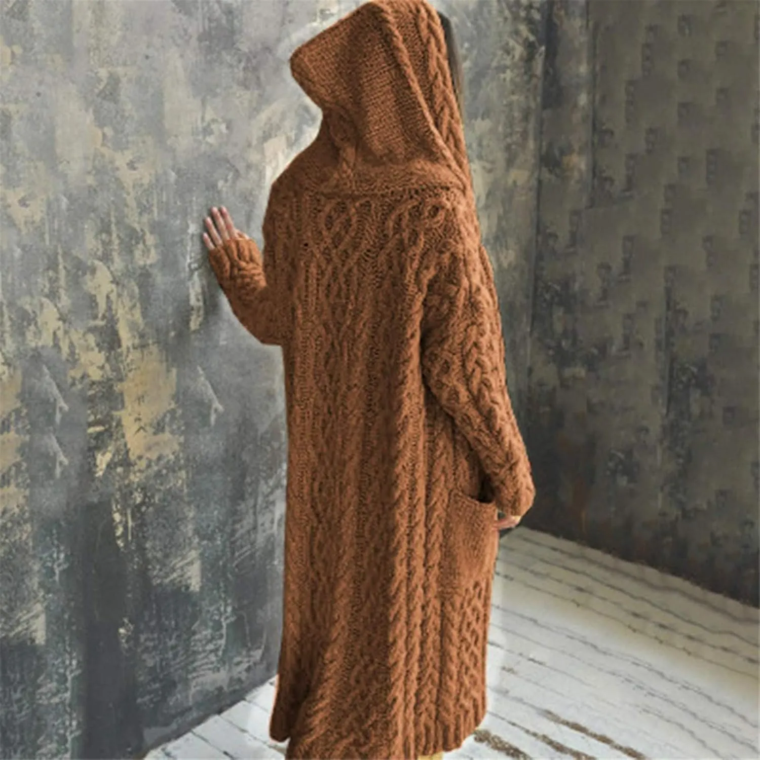 Cable Knit Long Sleeve Hooded Cardigan Sweaters for Women Chunky Open Front Fall Winter Oversized Casual Loose Outwear