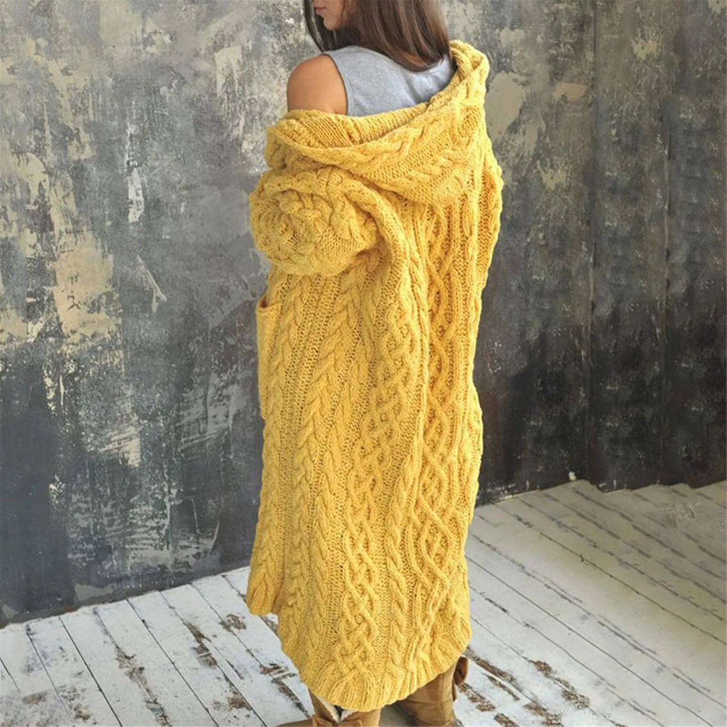 Cable Knit Long Sleeve Hooded Cardigan Sweaters for Women Chunky Open Front Fall Winter Oversized Casual Loose Outwear