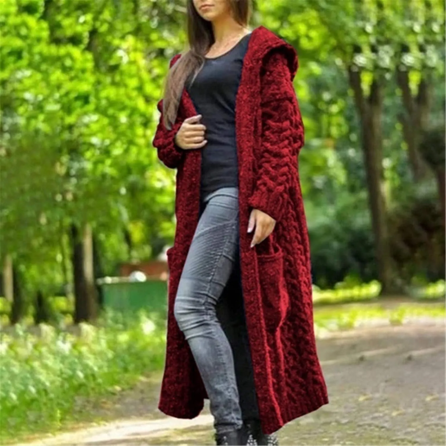 Cable Knit Long Sleeve Hooded Cardigan Sweaters for Women Chunky Open Front Fall Winter Oversized Casual Loose Outwear