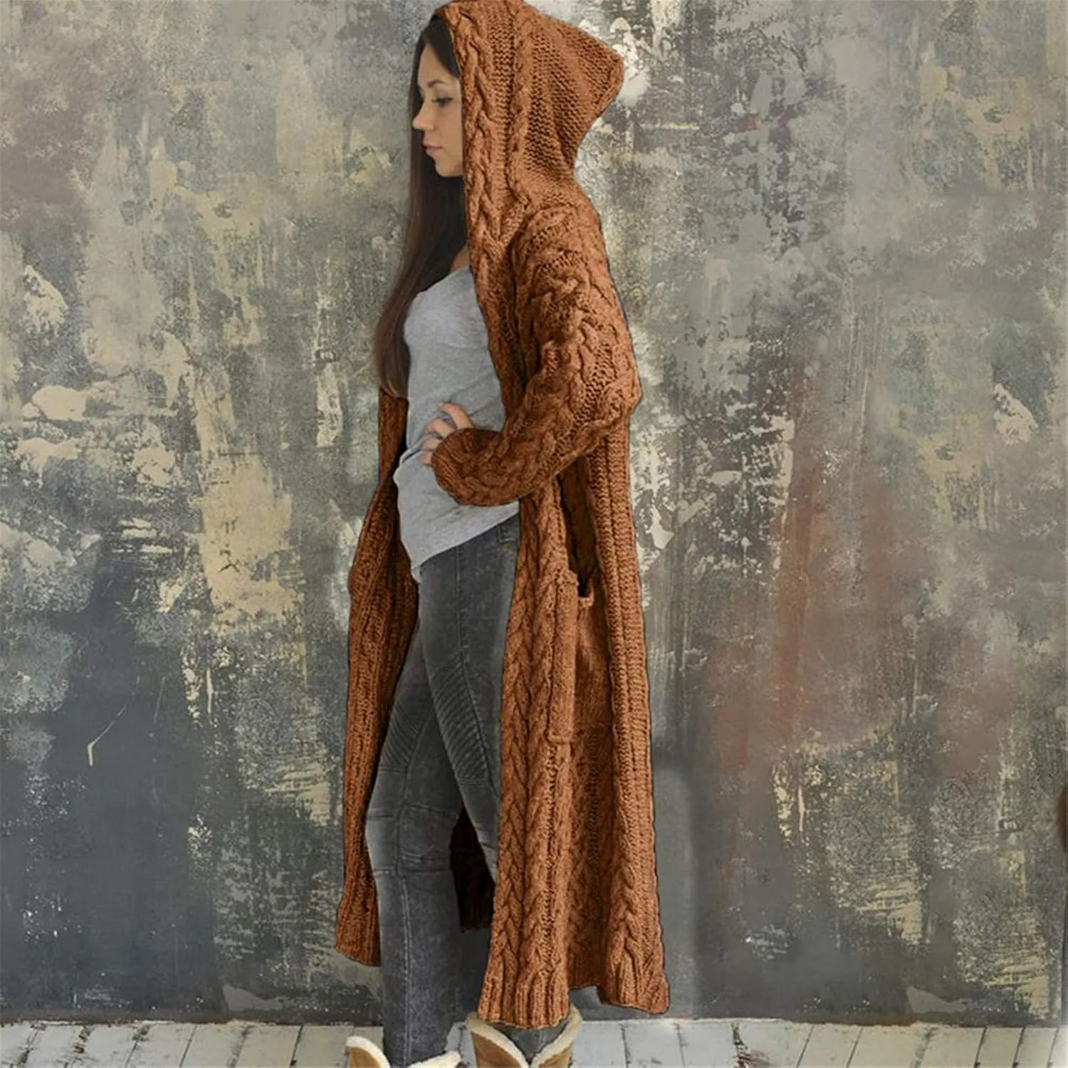 Cable Knit Long Sleeve Hooded Cardigan Sweaters for Women Chunky Open Front Fall Winter Oversized Casual Loose Outwear