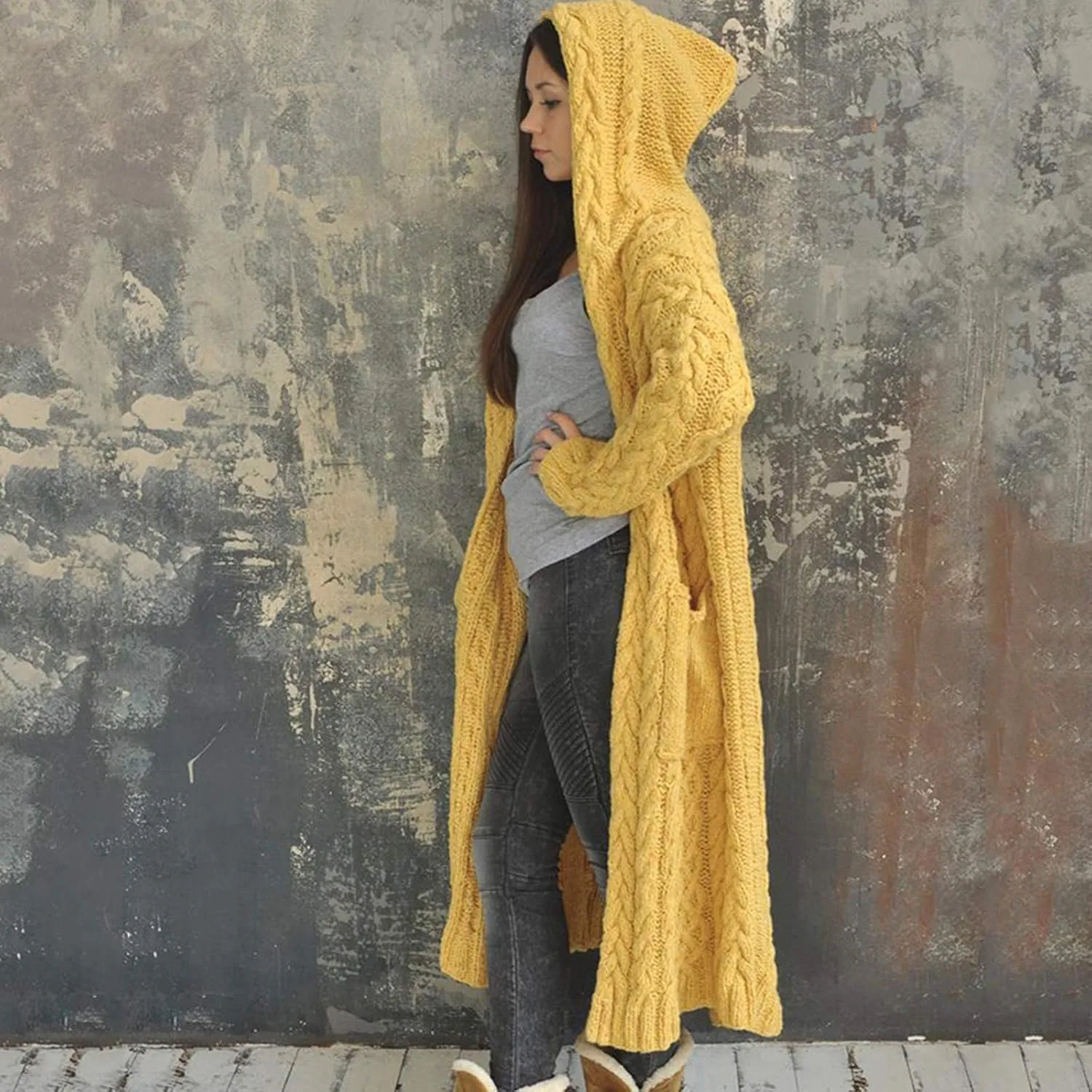 Cable Knit Long Sleeve Hooded Cardigan Sweaters for Women Chunky Open Front Fall Winter Oversized Casual Loose Outwear