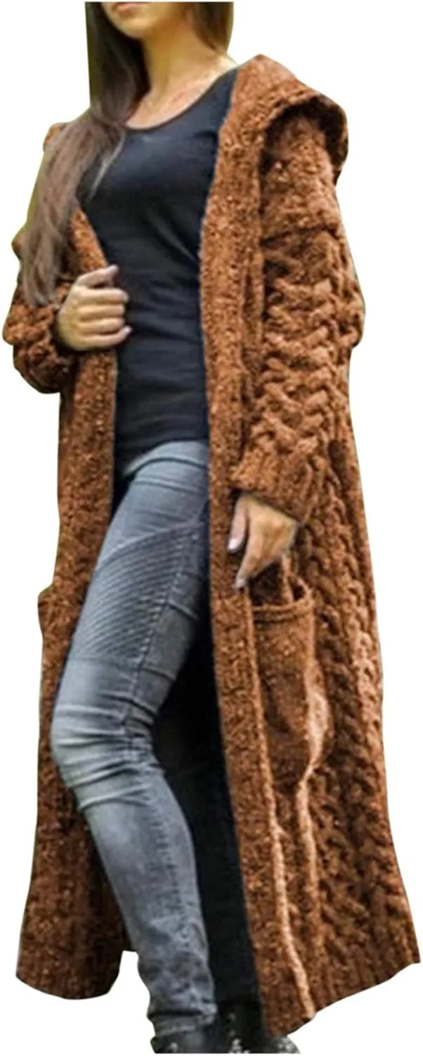 Cable Knit Long Sleeve Hooded Cardigan Sweaters for Women Chunky Open Front Fall Winter Oversized Casual Loose Outwear