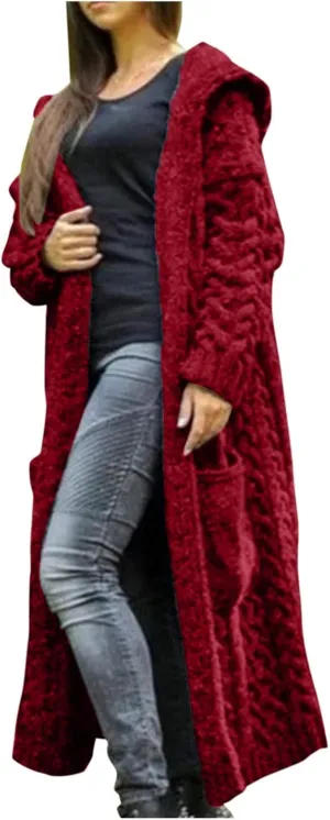 Cable Knit Long Sleeve Hooded Cardigan Sweaters for Women Chunky Open Front Fall Winter Oversized Casual Loose Outwear