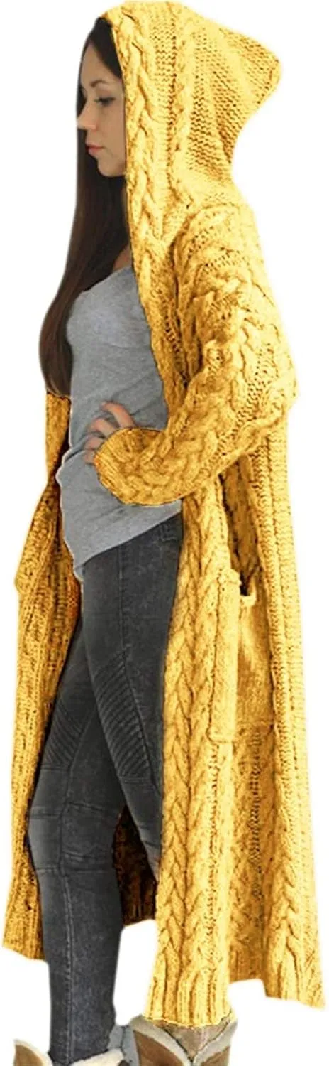 Cable Knit Long Sleeve Hooded Cardigan Sweaters for Women Chunky Open Front Fall Winter Oversized Casual Loose Outwear