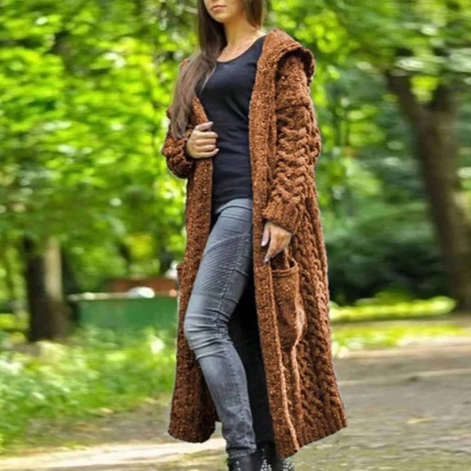 Cable Knit Long Sleeve Hooded Cardigan Sweaters for Women Chunky Open Front Fall Winter Oversized Casual Loose Outwear