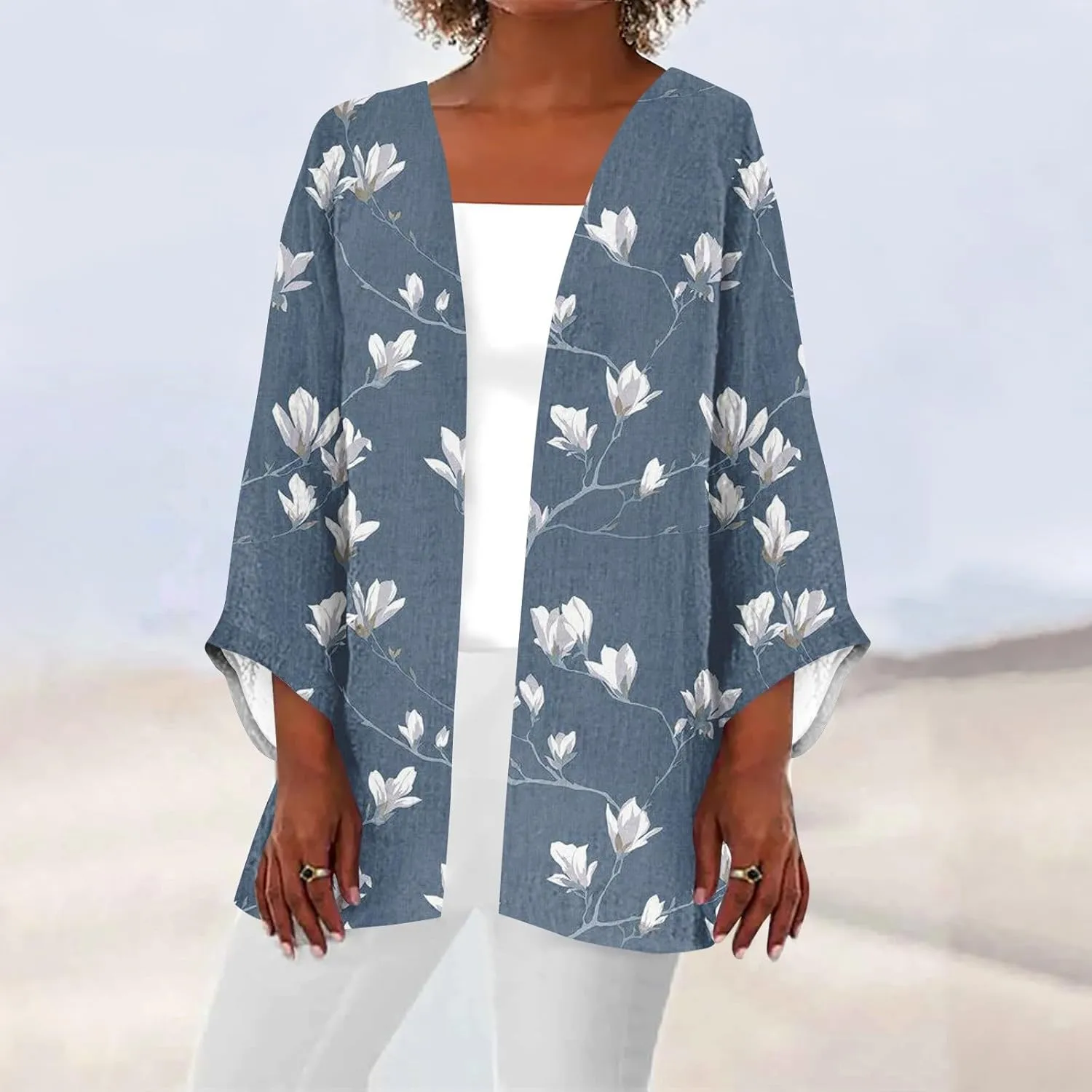 Cardigans for Women Floral Printed Dressy Casual Lightweight Cardigan 3/4 Sleeve Summer Plus Size Tops