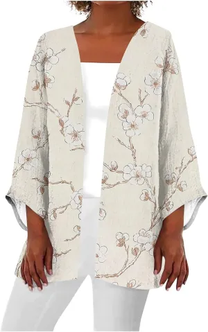 Cardigans for Women Floral Printed Dressy Casual Lightweight Cardigan 3/4 Sleeve Summer Plus Size Tops