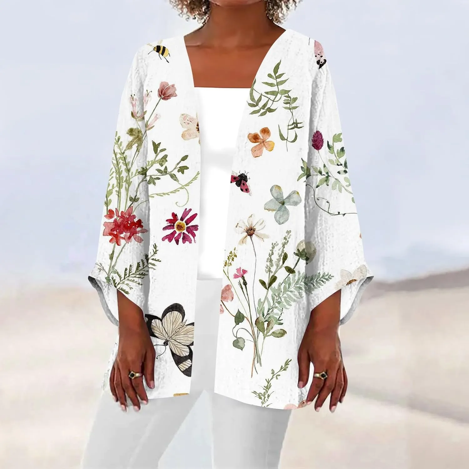 Cardigans for Women Floral Printed Dressy Casual Lightweight Cardigan 3/4 Sleeve Summer Plus Size Tops