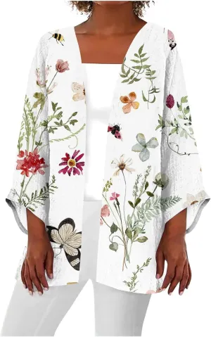 Cardigans for Women Floral Printed Dressy Casual Lightweight Cardigan 3/4 Sleeve Summer Plus Size Tops