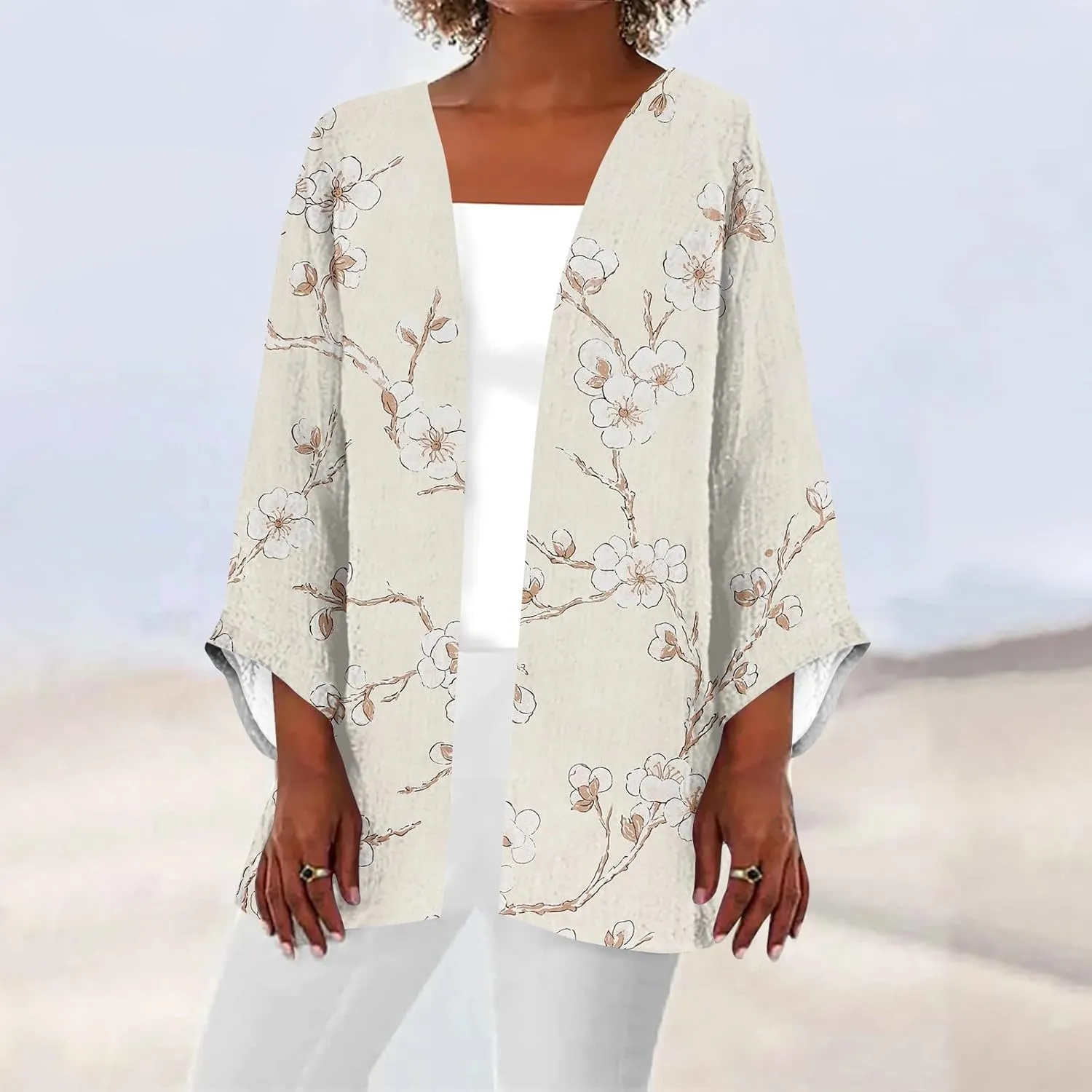 Cardigans for Women Floral Printed Dressy Casual Lightweight Cardigan 3/4 Sleeve Summer Plus Size Tops