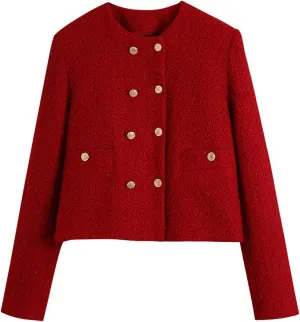 Casual Tweed Blazer Jacket for Women Cropped Open Front Button Down Collarless Coat Office Work Business Dress Jackets