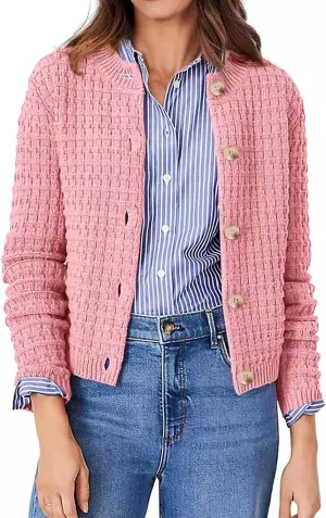 CHARTOU Women Button Down Cropped Blazer Open Knit Cardigan Sweater Knitted Tweed Jacket Crew Neck Knitwear 2024