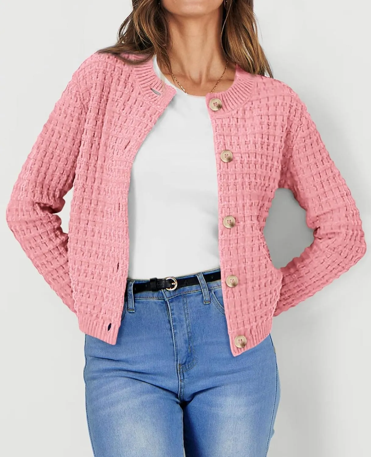 CHARTOU Women Button Down Cropped Blazer Open Knit Cardigan Sweater Knitted Tweed Jacket Crew Neck Knitwear 2024