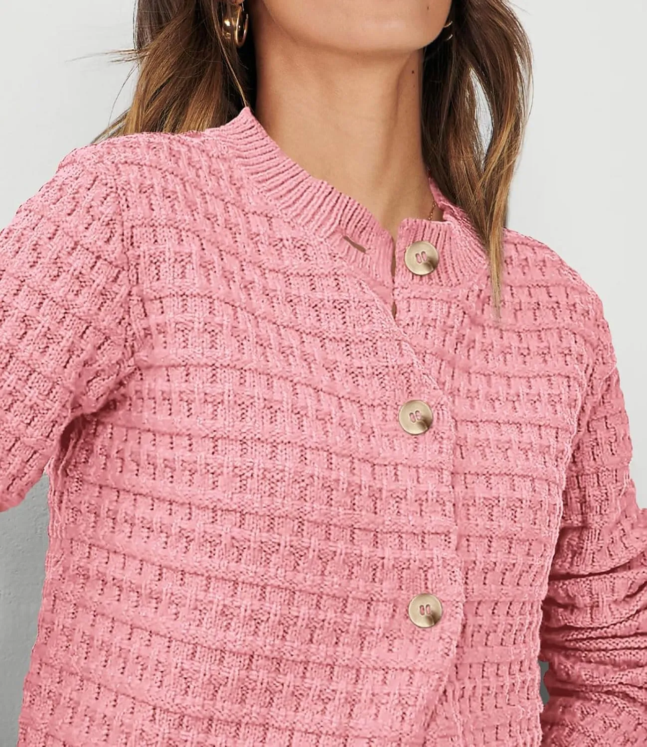 CHARTOU Women Button Down Cropped Blazer Open Knit Cardigan Sweater Knitted Tweed Jacket Crew Neck Knitwear 2024