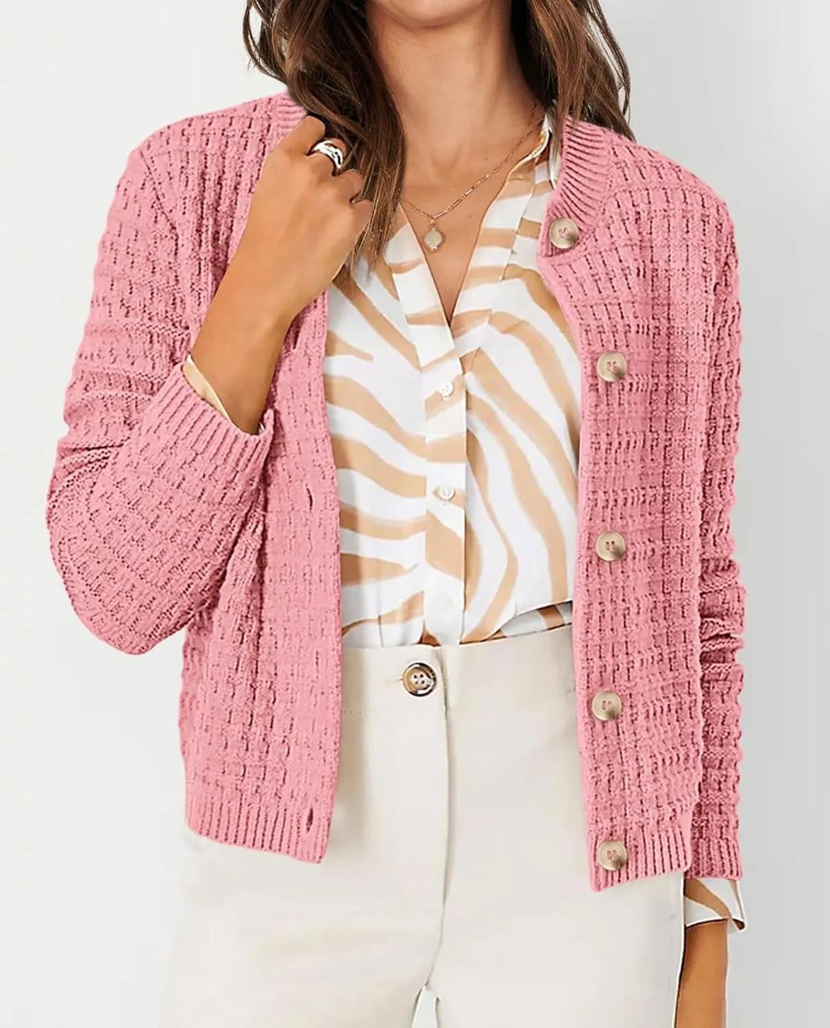 CHARTOU Women Button Down Cropped Blazer Open Knit Cardigan Sweater Knitted Tweed Jacket Crew Neck Knitwear 2024